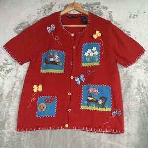 Vintage Shaver Lake Women’s Red Picnic Patch Short-Sleeve Cardigan Sweater Sz M